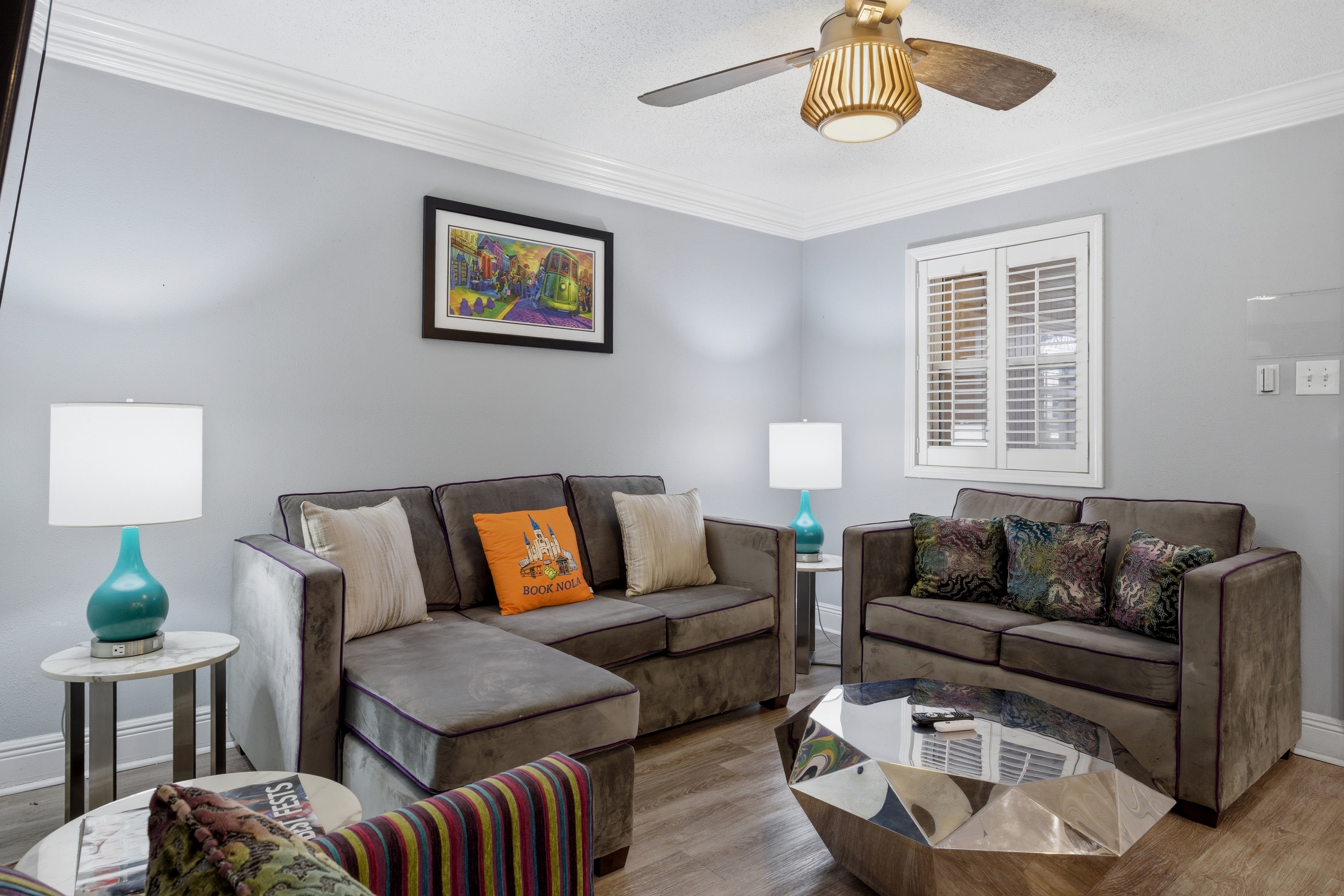 Stylish living area with plush sofas