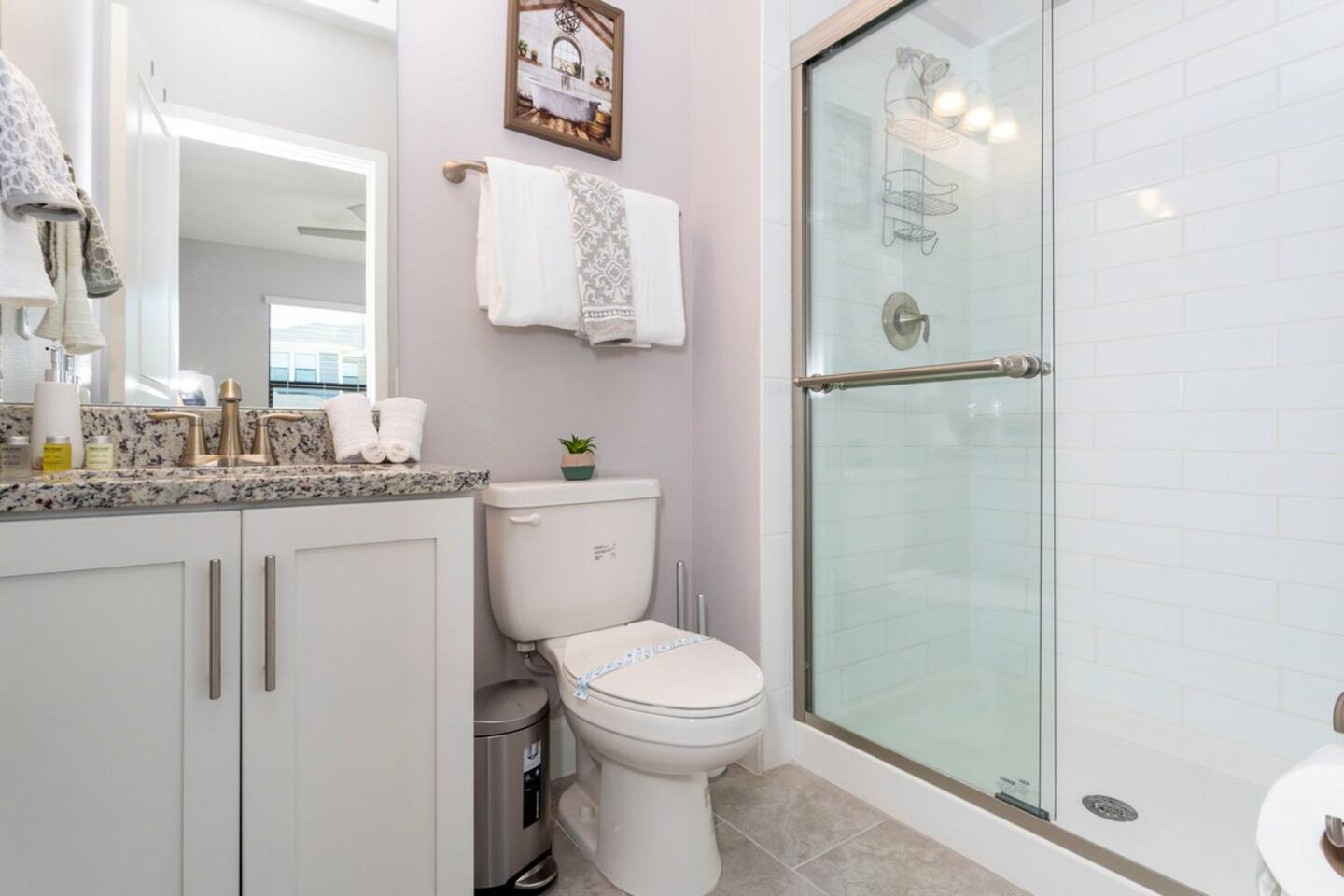 Our elegant and spacious bathroom comes with all the basics. Enjoy a relaxing shower, a refreshing retreat after a day of adventures.