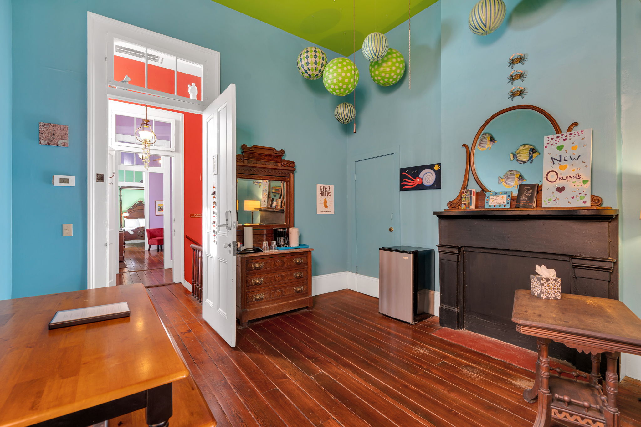 Playful room with soaring ceilings and artistic local flair