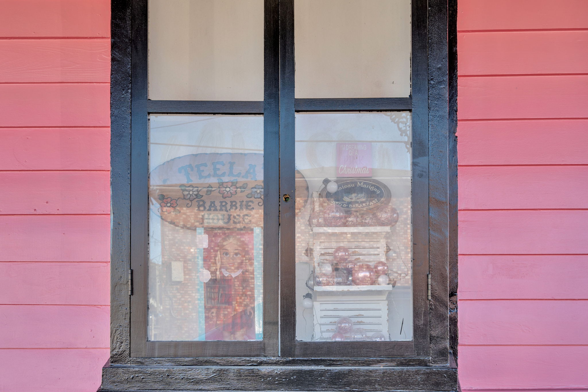 Street-facing window with local art