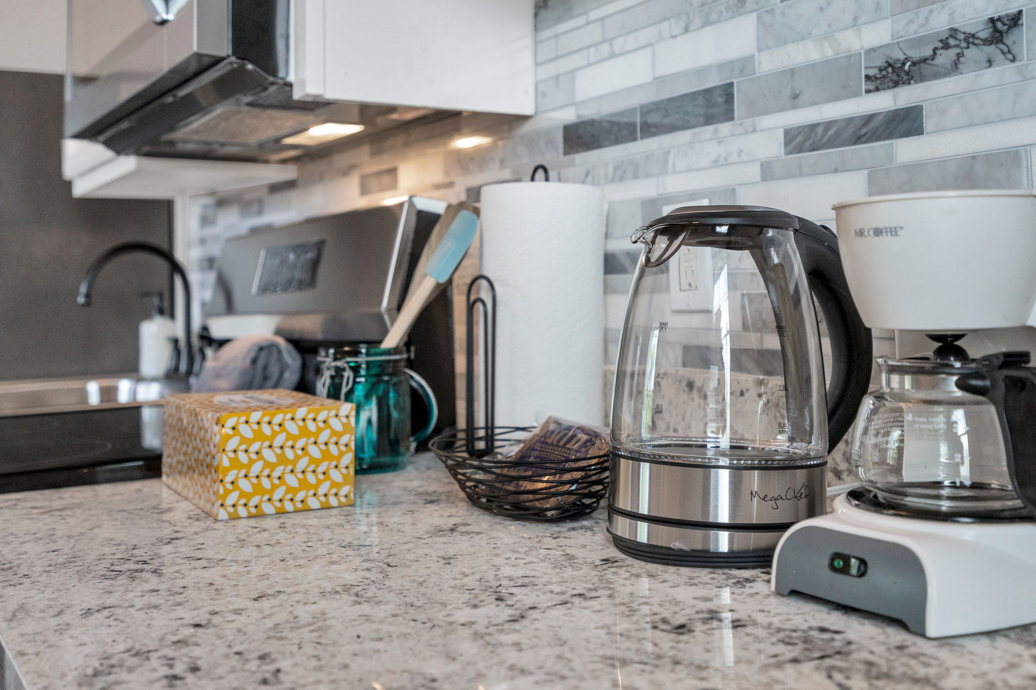 Start your day with the coffee maker and electric kettle ready to go.