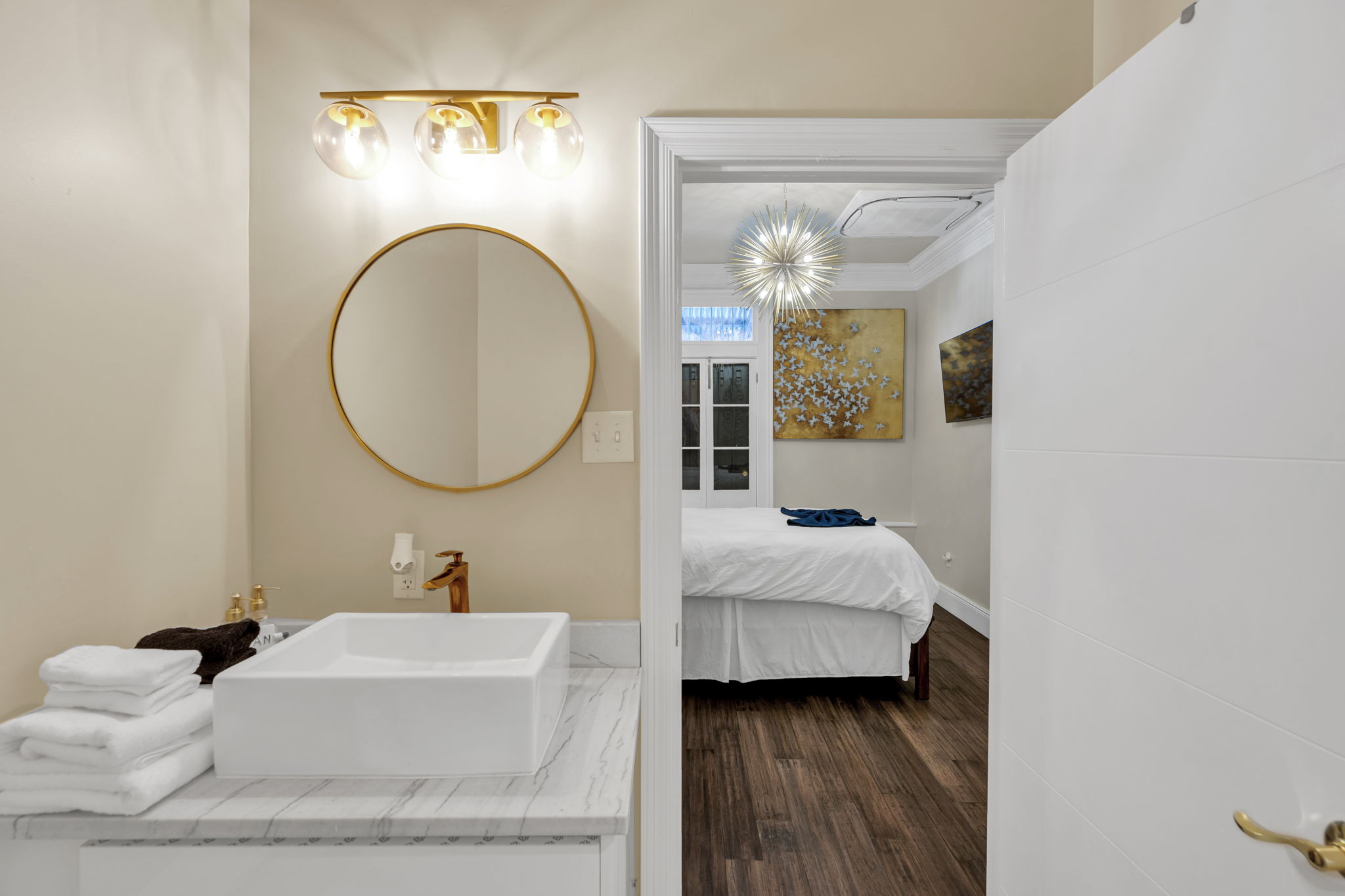 Fresh vanity with mirror and soft natural light