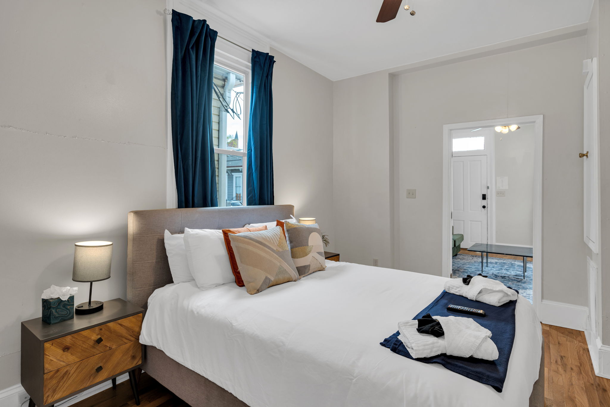 Comfortable bedroom with plush bedding