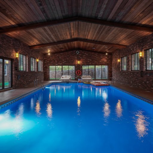 Evening pool ambiance with warm wood ceilings and resort style lighting.