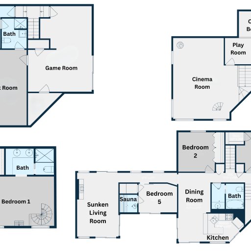 Floor plans showing all three levels and room layouts