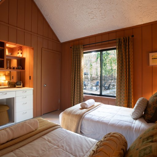 Michigan Summer Room — built-in vanity and warm wood panelling