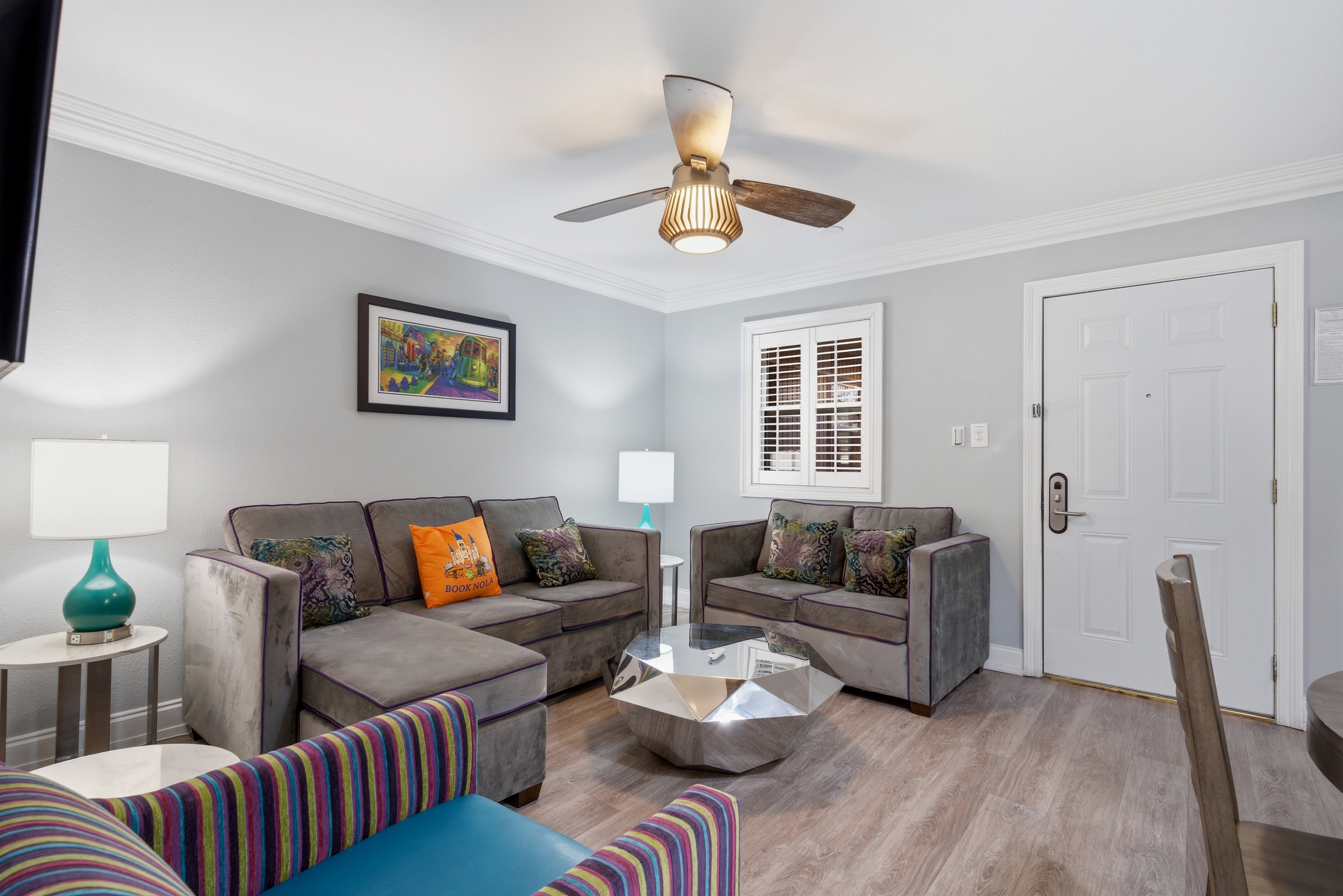 Comfortable lounge area with warm accents