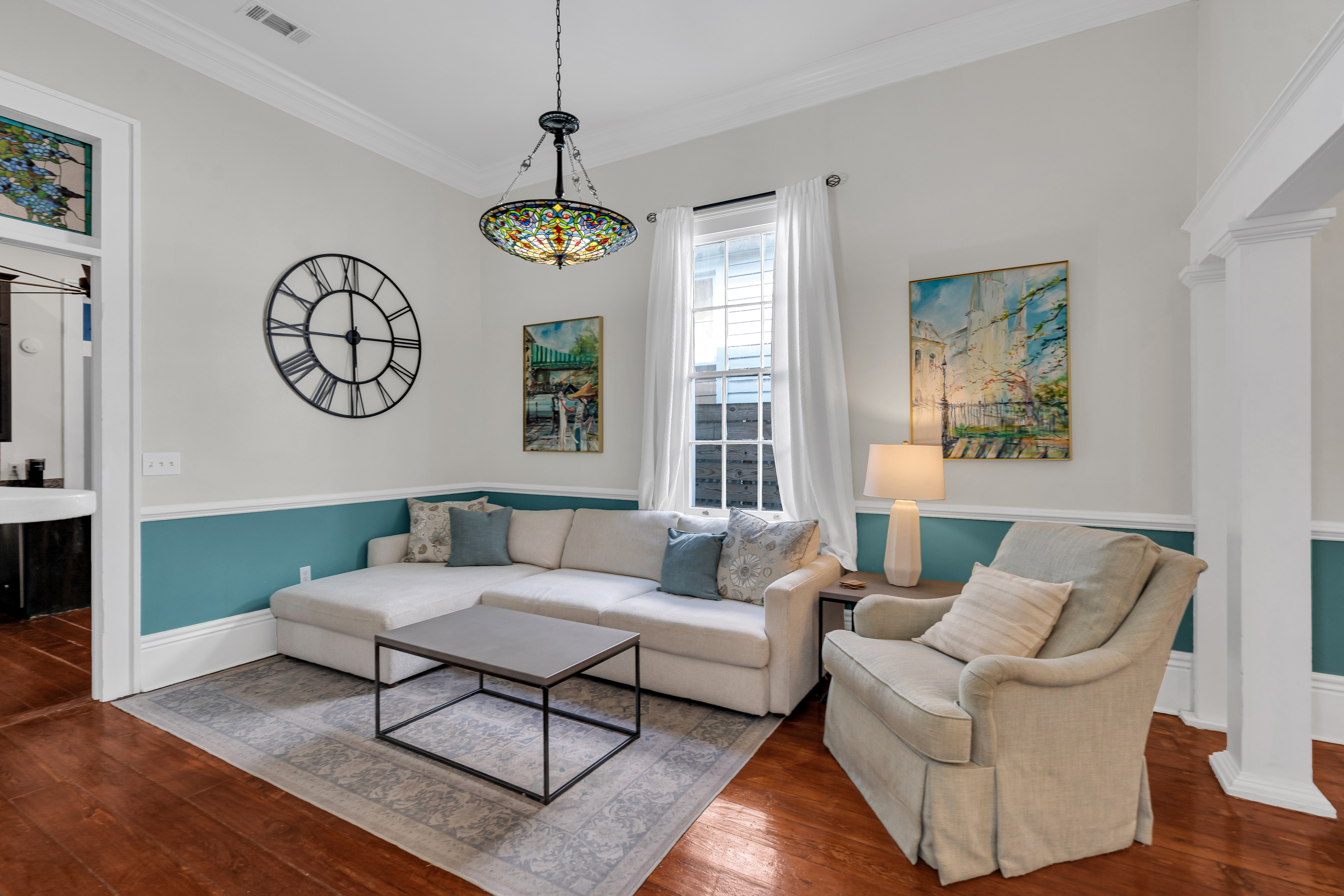 Bright and airy room with modern touches and plenty of natural light.