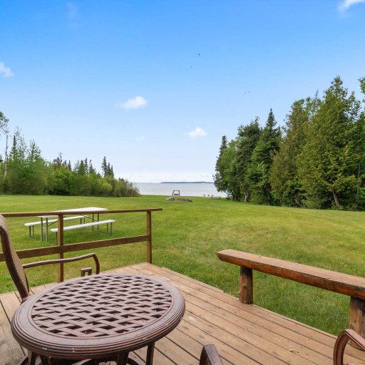 Views from the deck overlooking the lake and open green space.