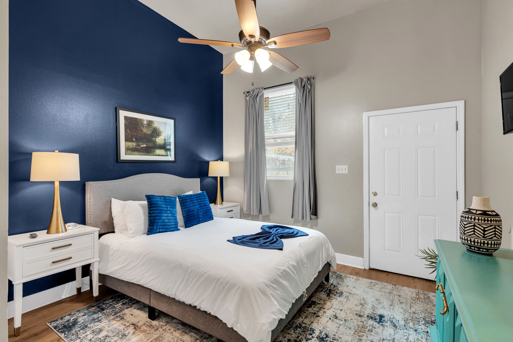 Serene Bedroom with Bold Blue Accents