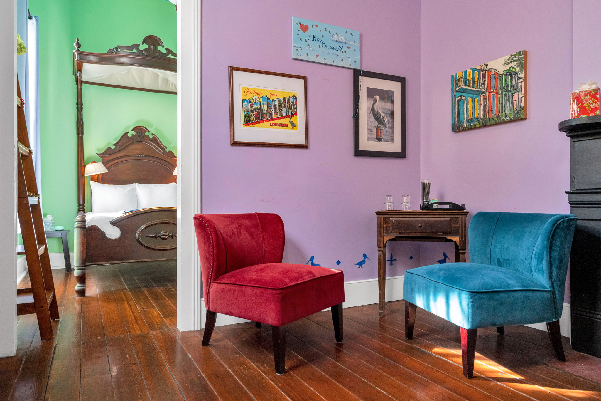 Enjoy bold colors, eclectic chairs, and historic charm.