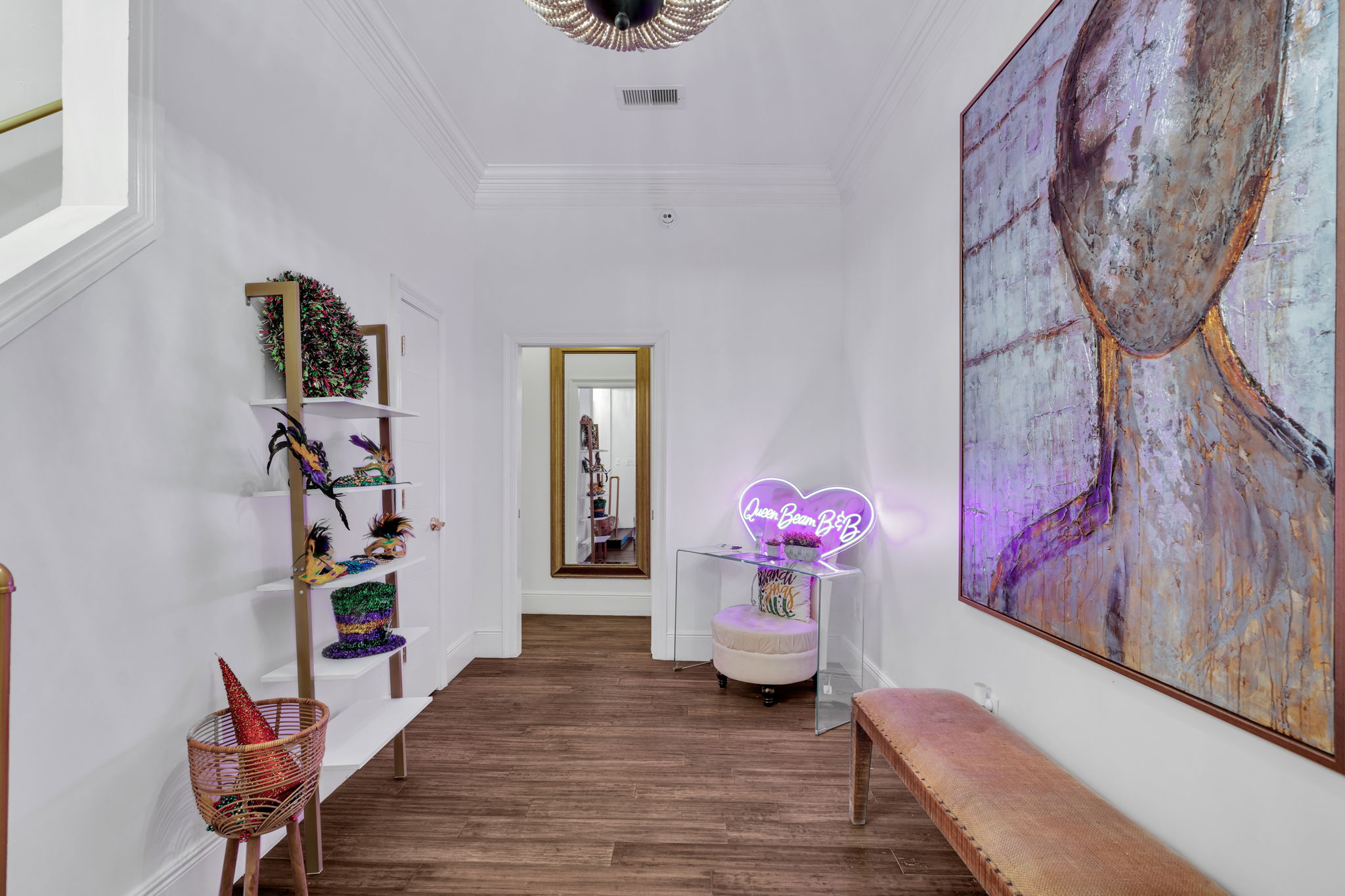 Stylish hallway with a playful NOLA glow