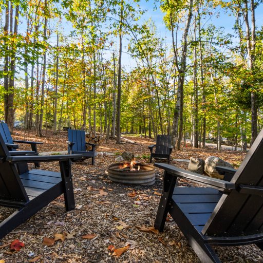 Multiple fire pit seating areas in the woods