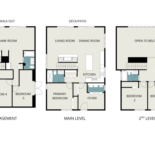 Floor plan: three levels — 5 bedrooms, lower-level game room, and an open loft.