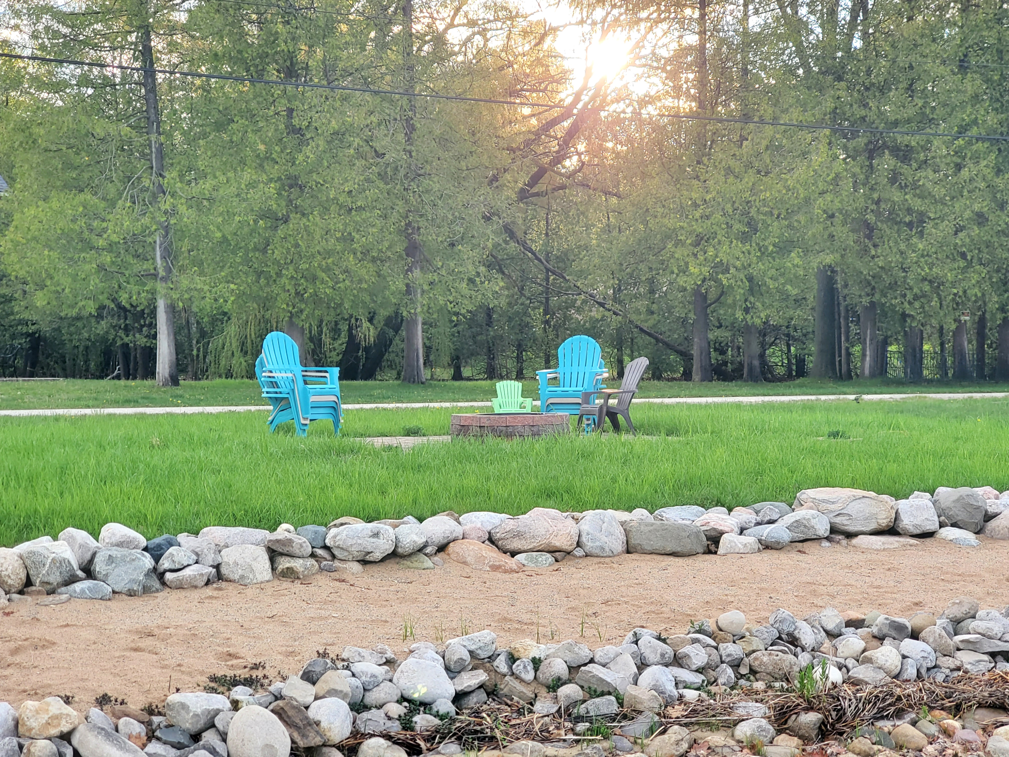 OVERVIEW:  Another view of the private sandy beach and the private bonfire ring.