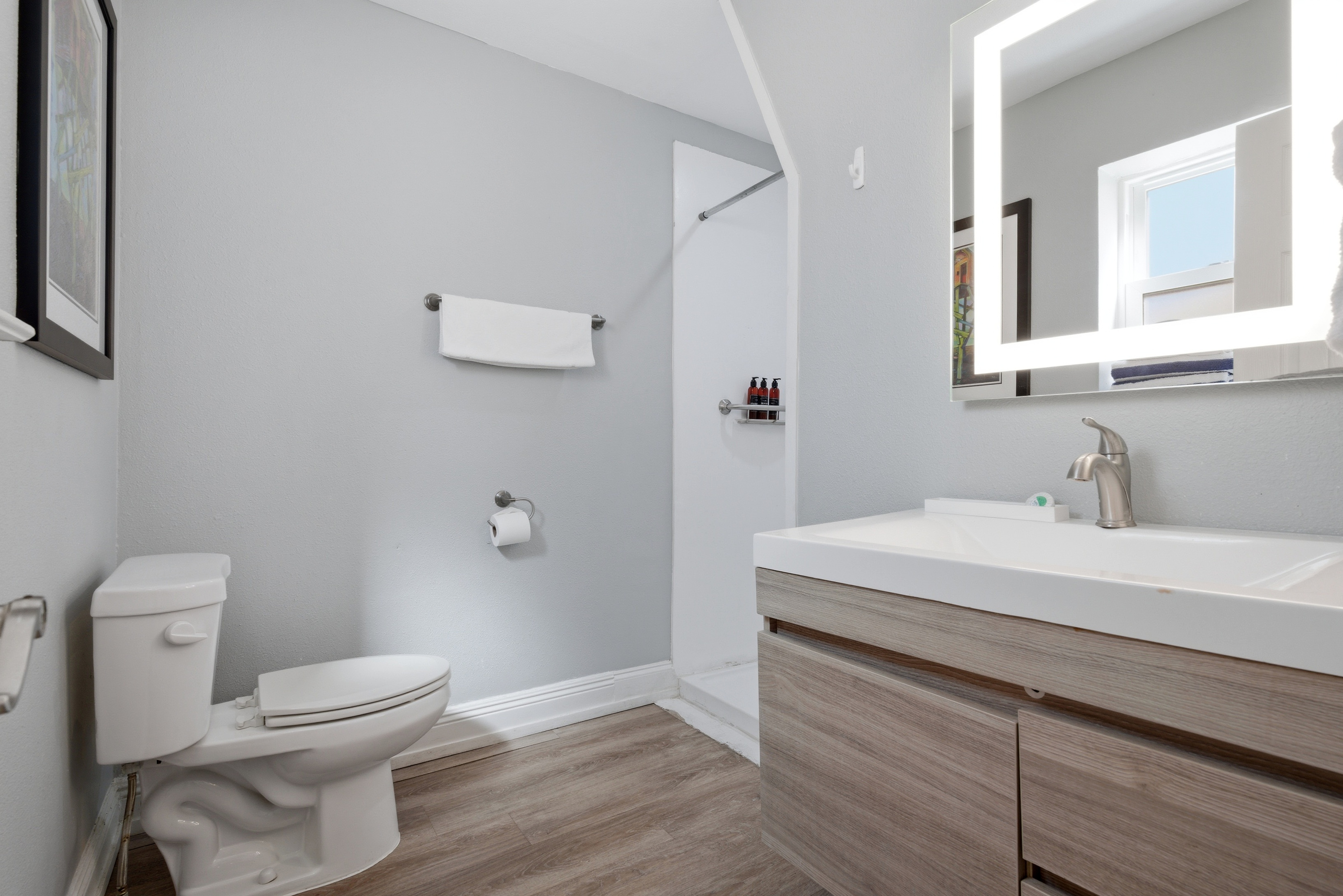 Modern vanity with bright lighting