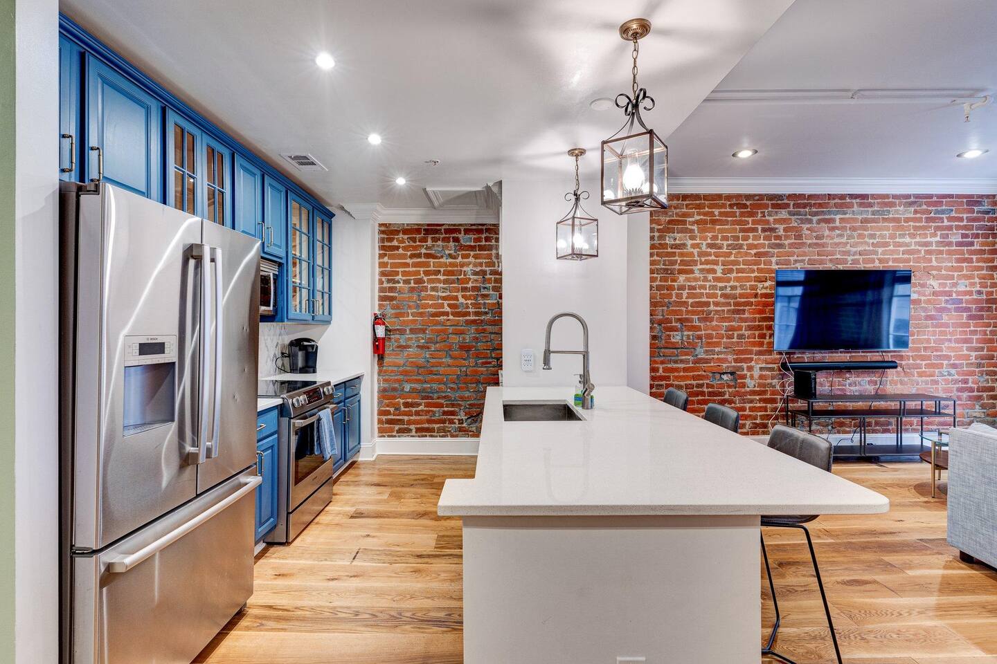 long kitchen bar with additional seating