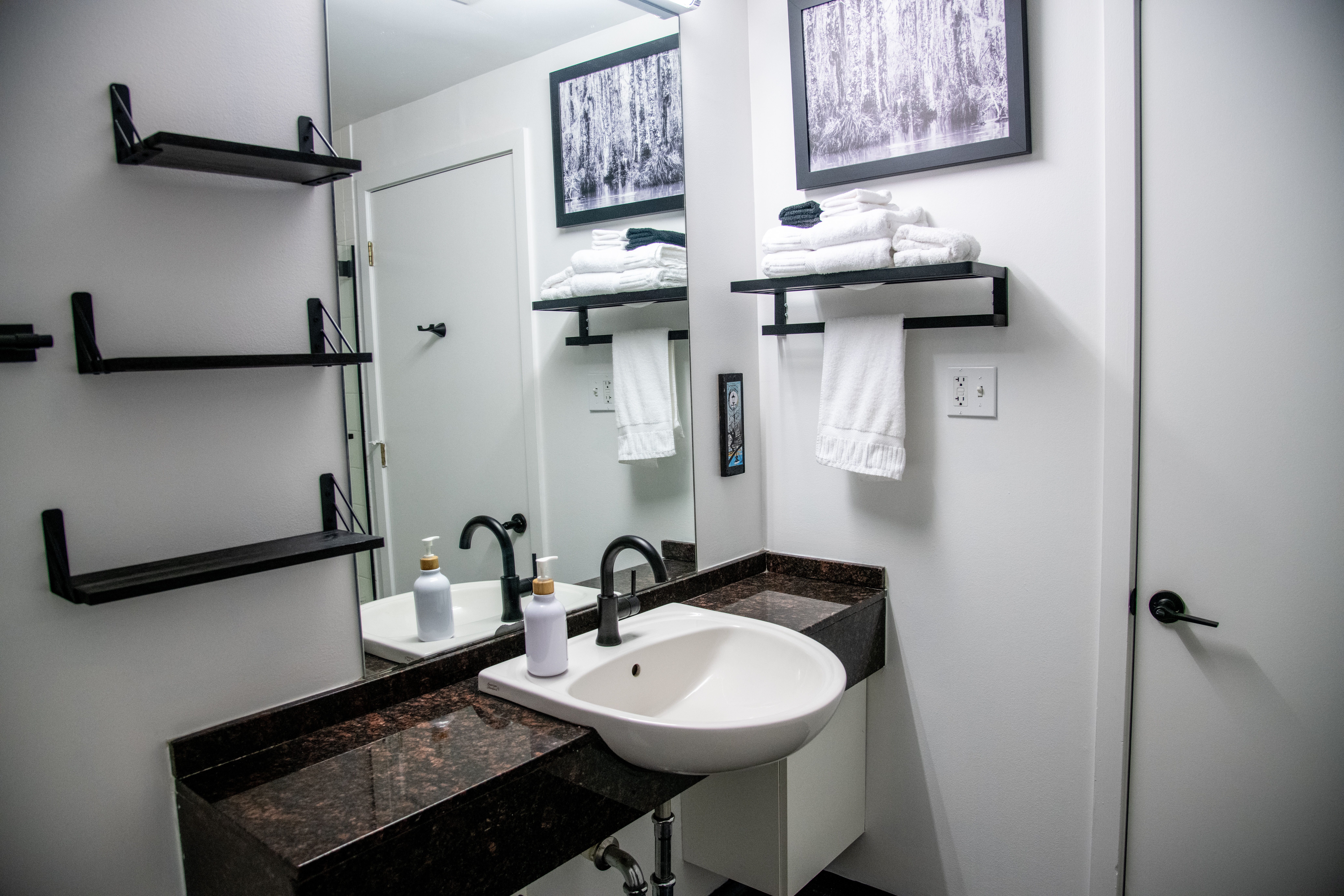 Well-lit and stocked with all your bathroom basics.