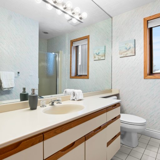 Bathroom 2: long vanity, window, and walk-in shower.