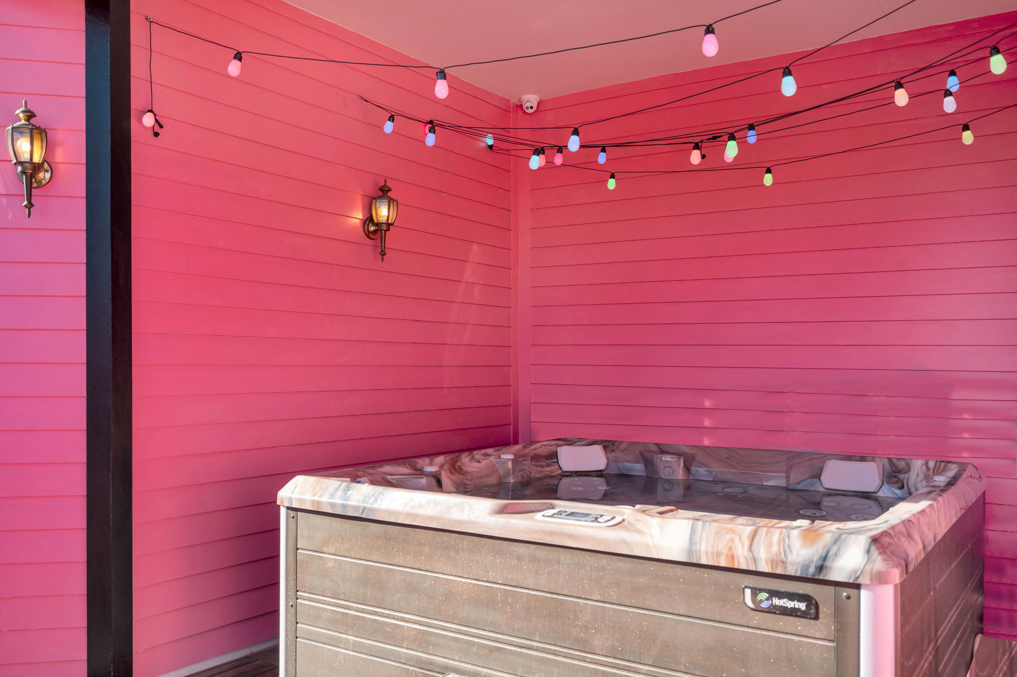 Private hot tub with cozy lighting