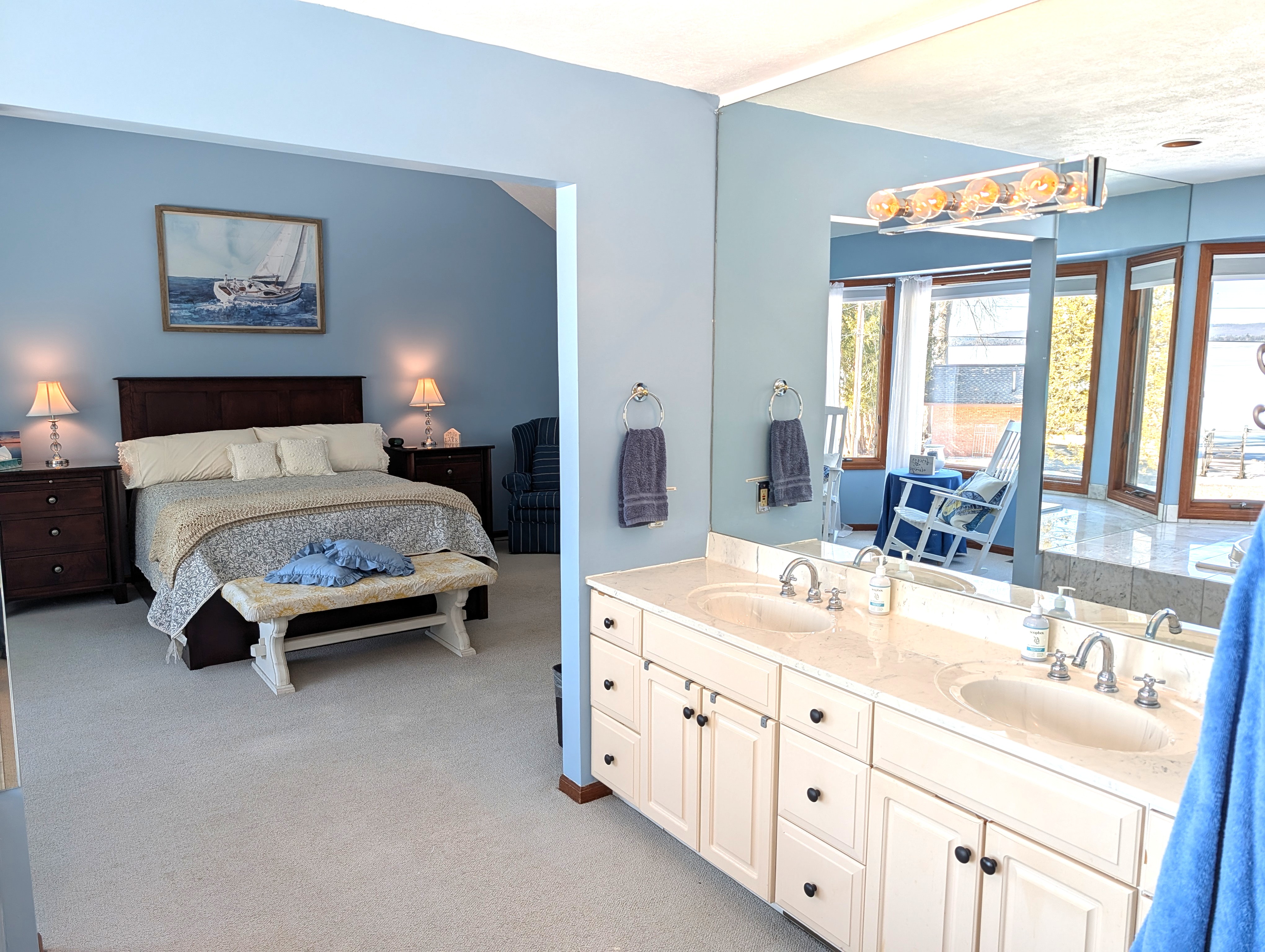 BATHROOM #2 (SECOND FLOOR):  This is a large private ensuite full bathroom for Bedroom #2.  Features a gorgeous jetted bathtub with a great view of Big Platte Lake from the bathtub!