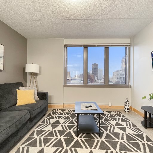 Living room with a view of the DSM skyline - 2 blocks from Wells Fargo Arena! 