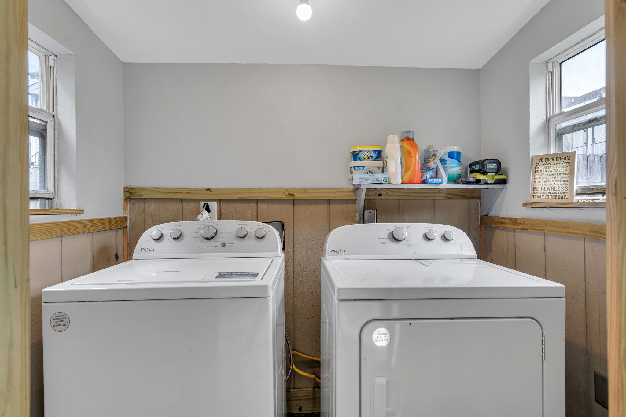 Washer and dryer available with detergent provided.