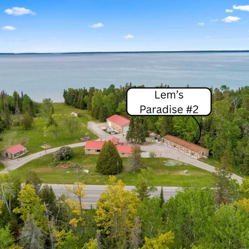Aerial view - Lem's Paradise #2 sits steps from 300+ feet of shared Lake Huron frontage.
