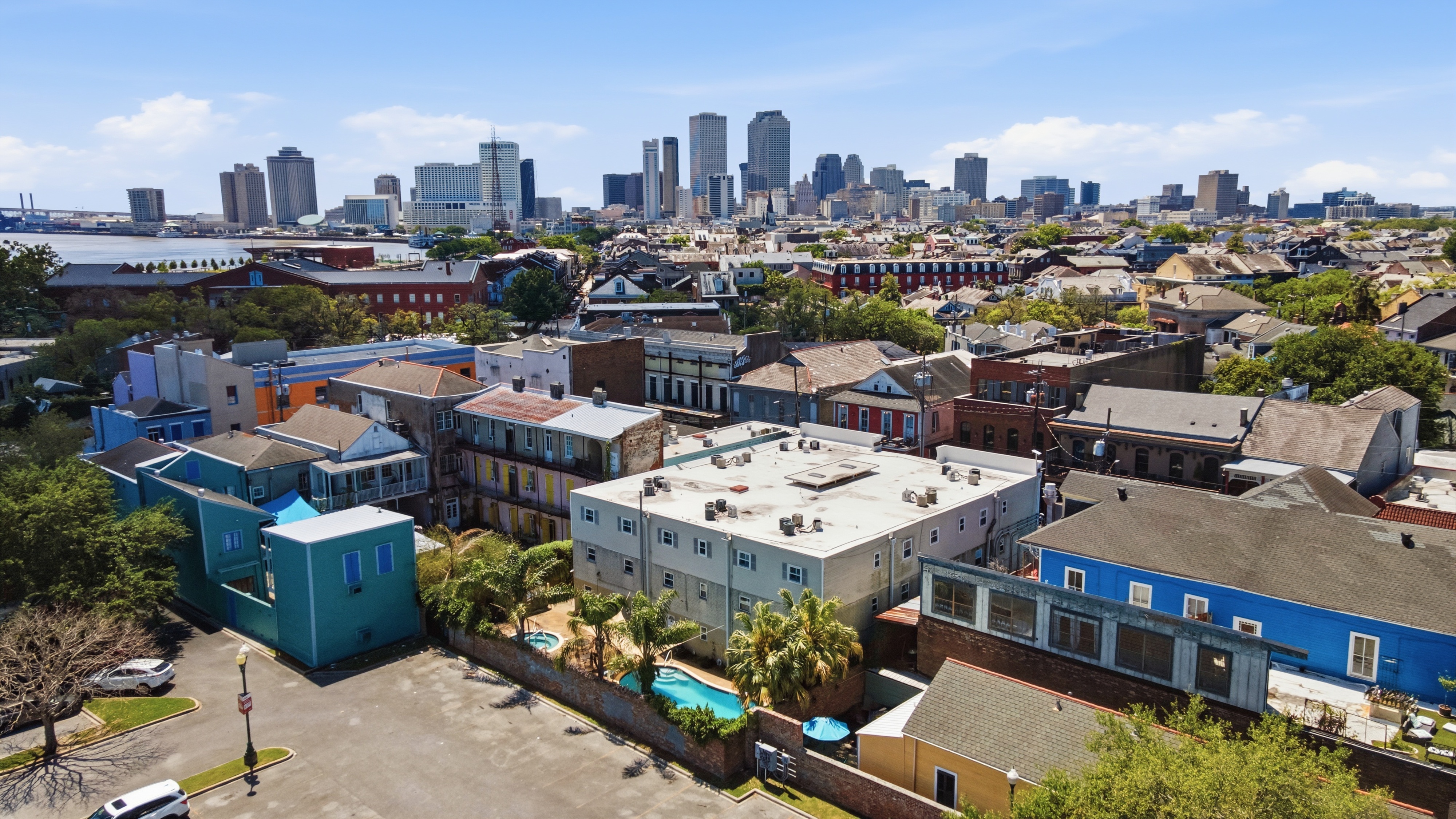 City skyline blending into neighborhood views