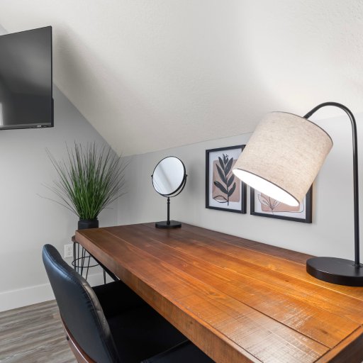 Dedicated workspace with TV — remote work ready