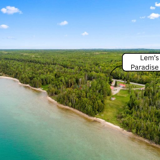 Aerial down the Lake Huron shoreline — Lem’s Paradise #1 marked
