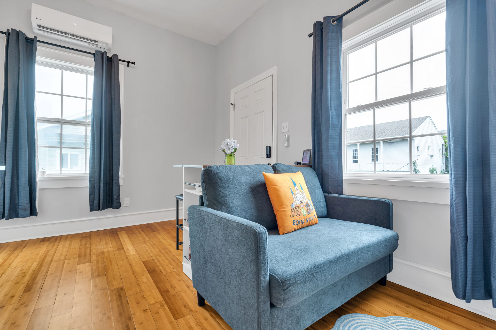 Bright living space with comfy seating and natural light.