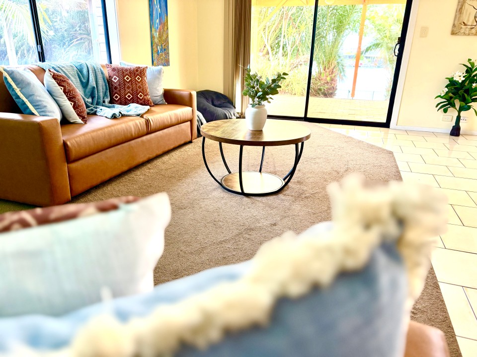 3-seater and 2-seater sofas with a large TV and climate-controlled air conditioning create a homely atmosphere for movie nights or chilled afternoons.