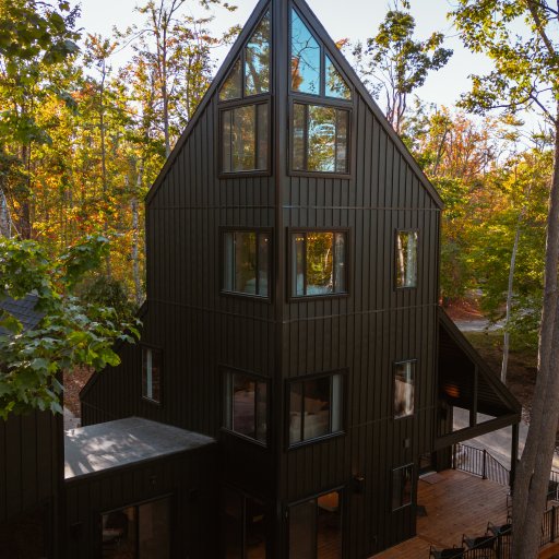 Striking four-story windows bring the forest inside