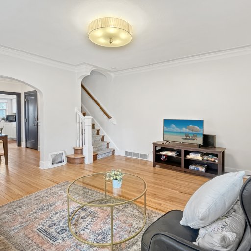 Viewing the Living Area, the dining and the stairs