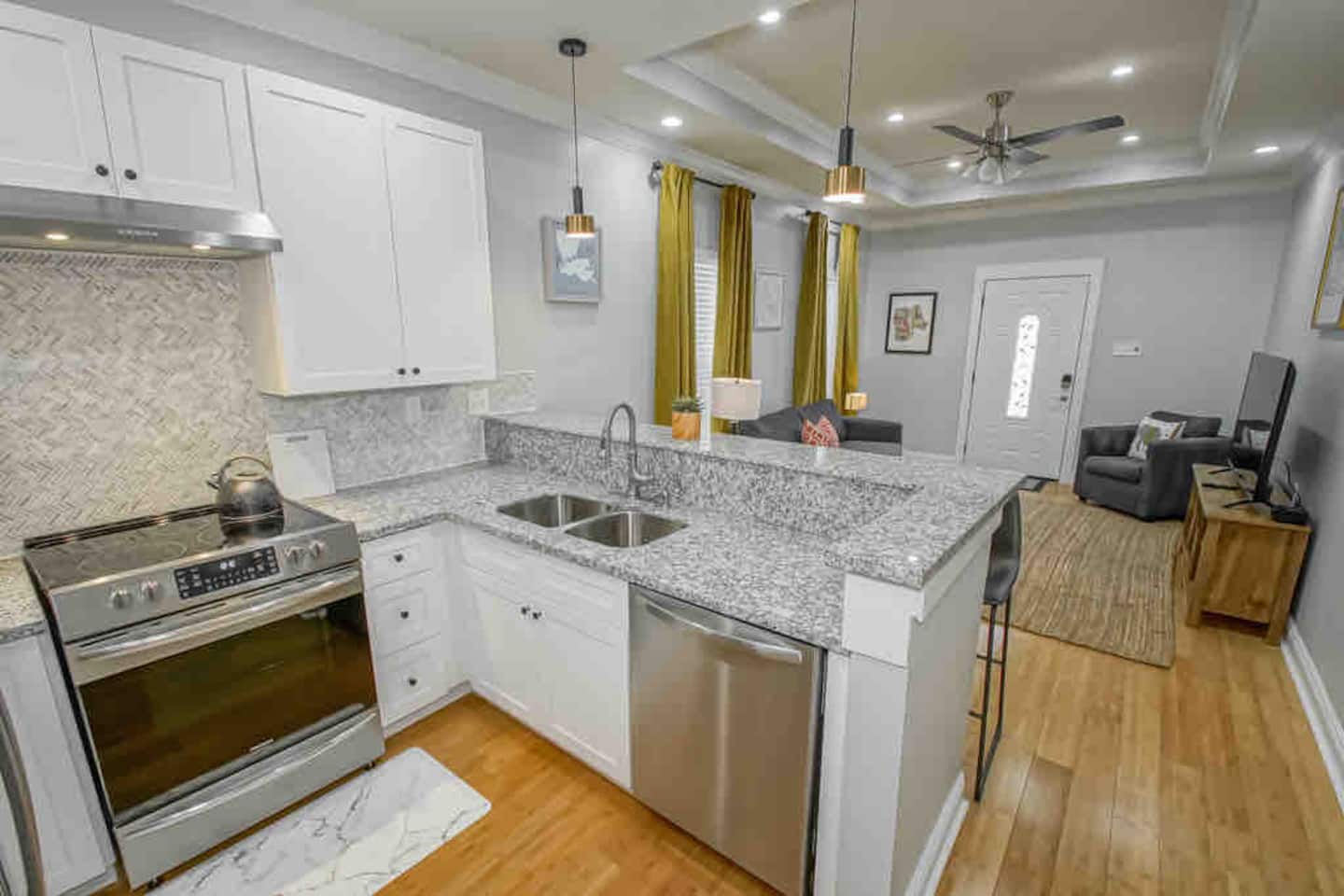Fully stocked kitchen with dinnerware, glasses, utensils, Allclad cookware, coffee maker, French press, ect.