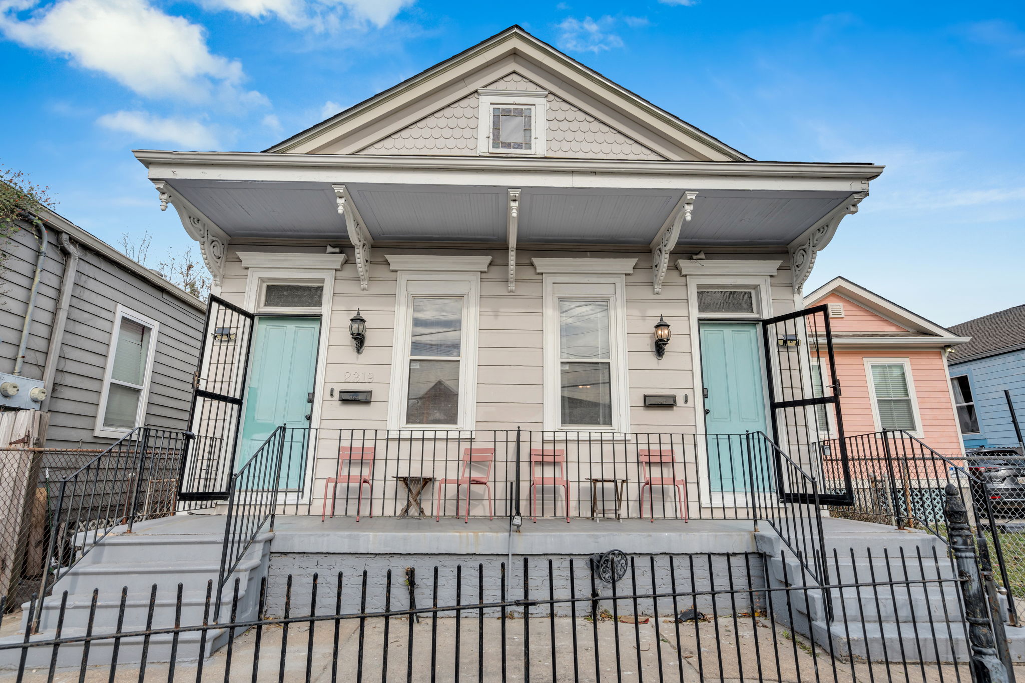 Classic New Orleans façade with porch seating