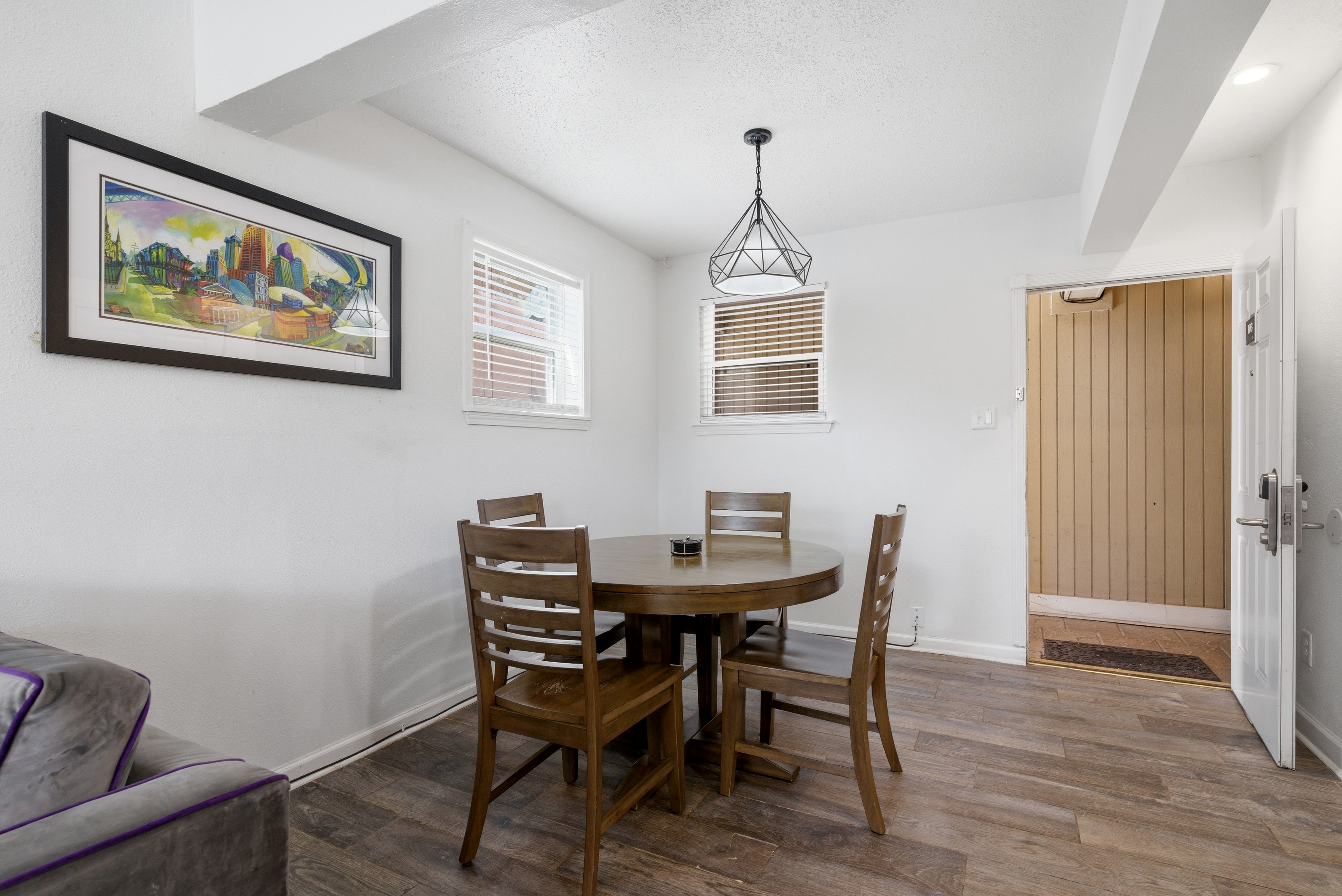 Bright dining space with cozy charm