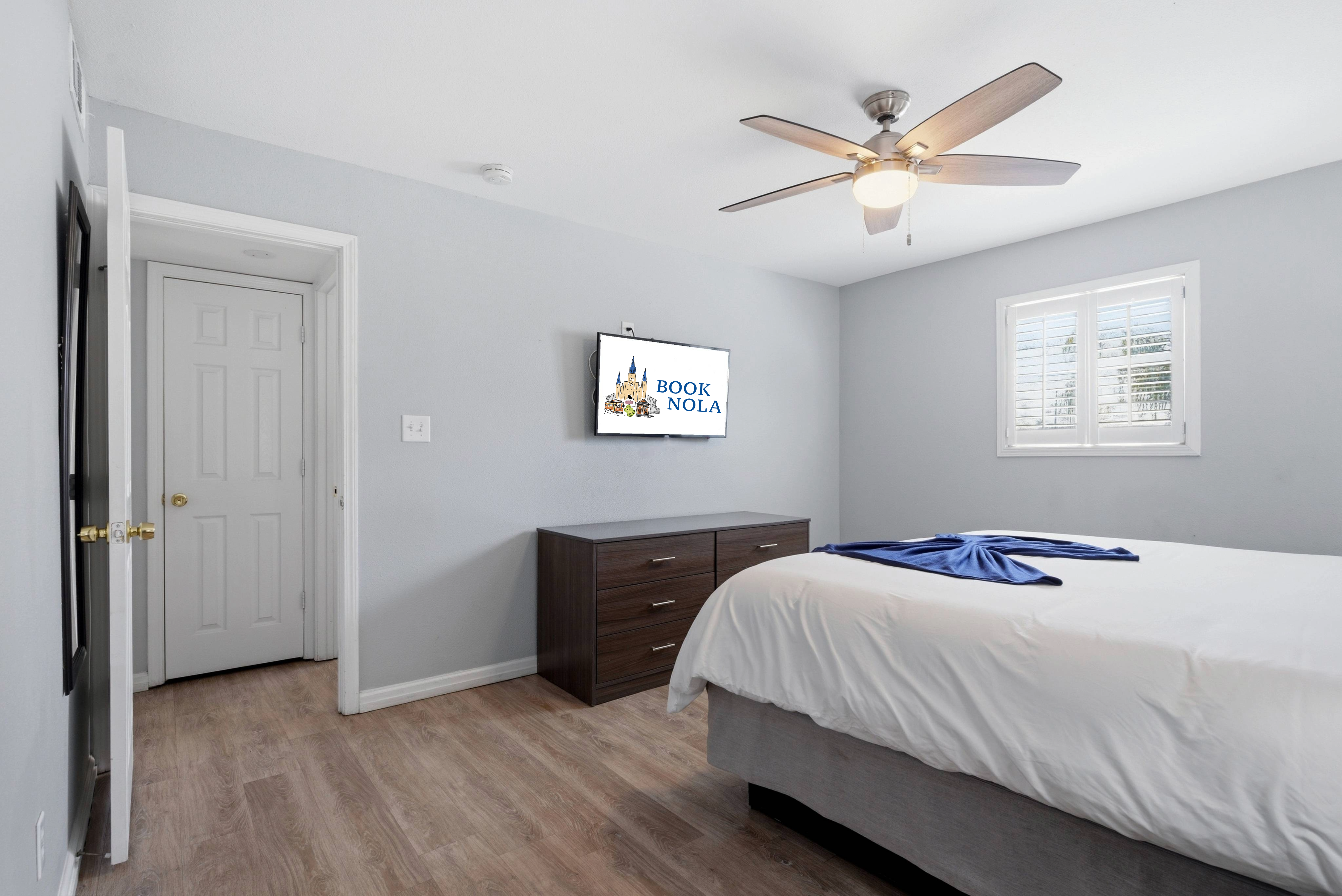 Cozy king bedroom with smart TV