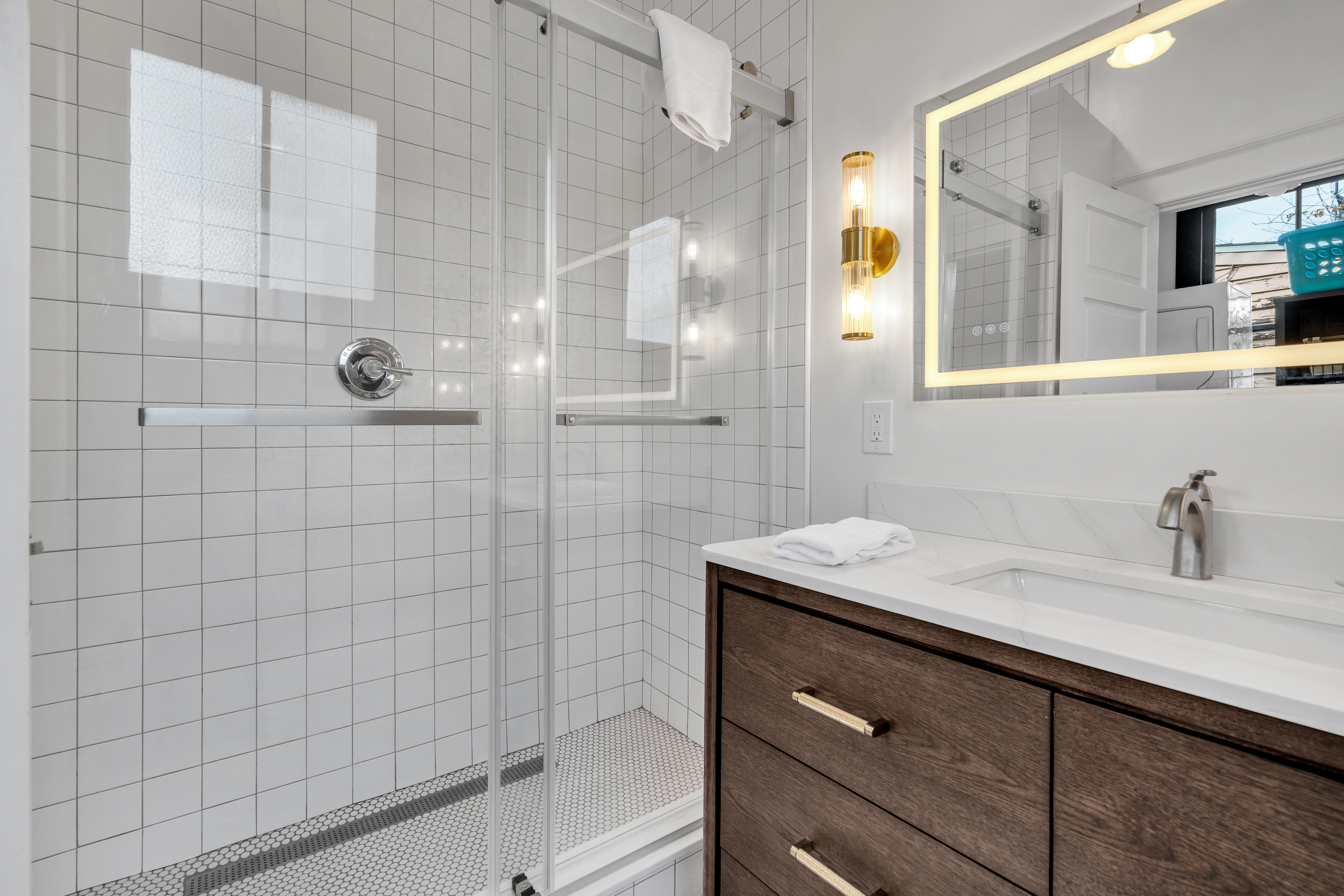 Walk-in shower with modern tile