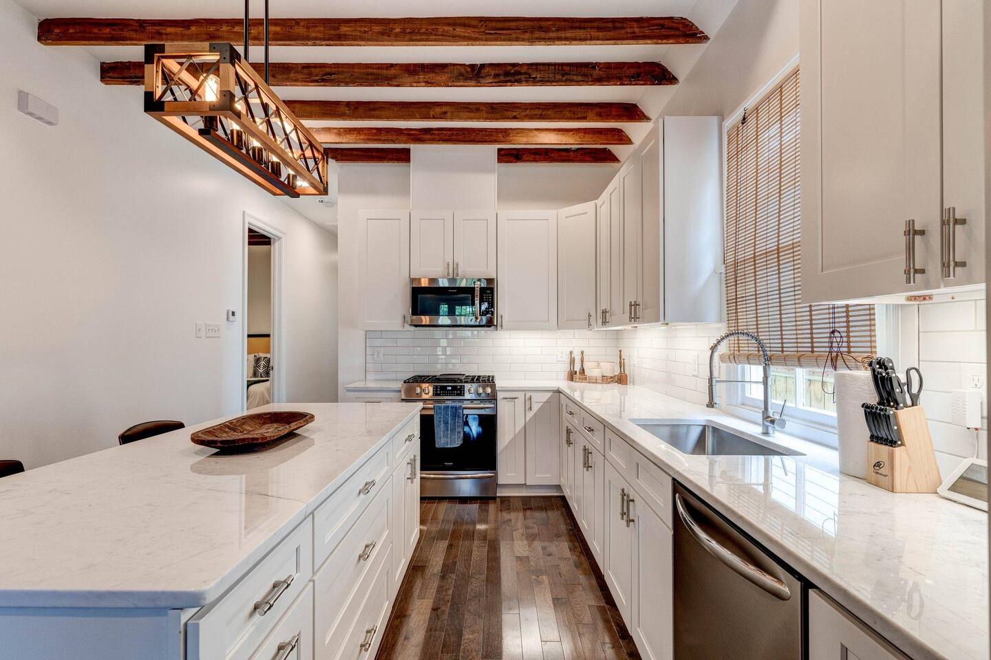 Lovely kitchen view with exposed beams