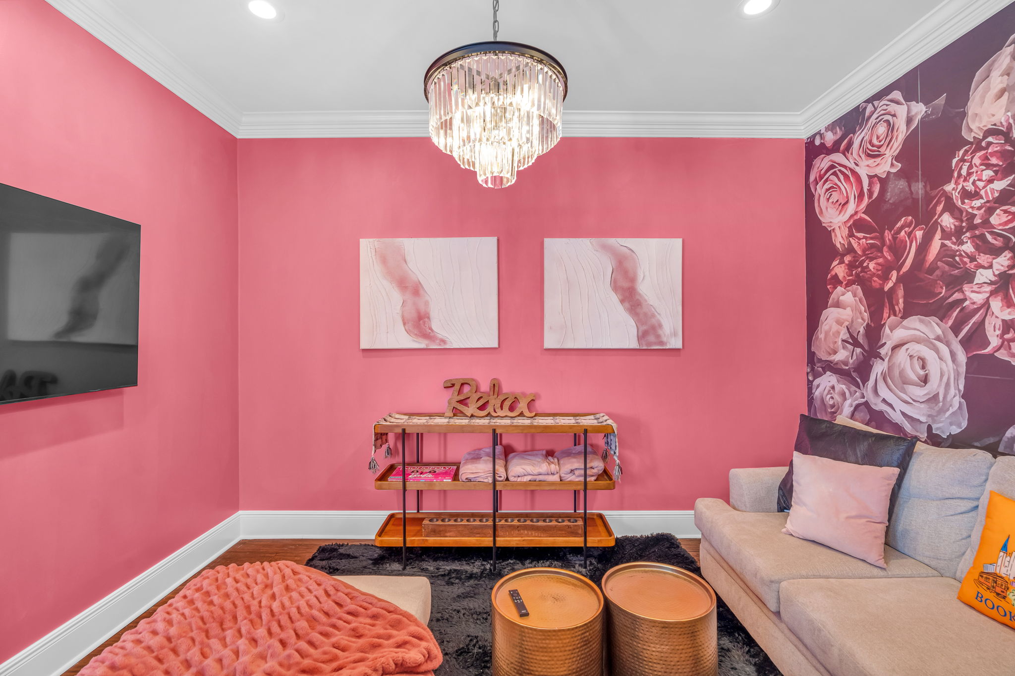 Chic living space with pink accents