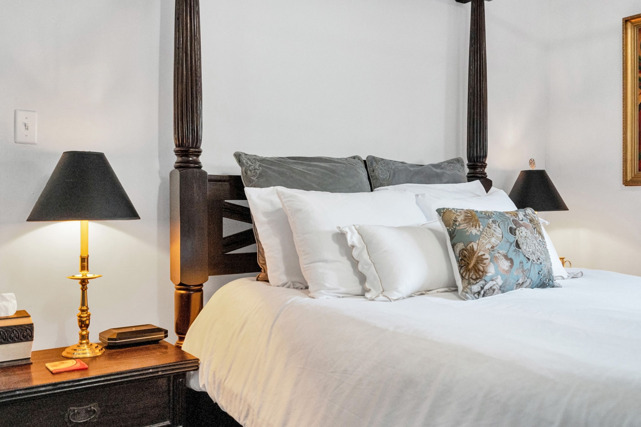 Plush Queen bed dressed for total comfort