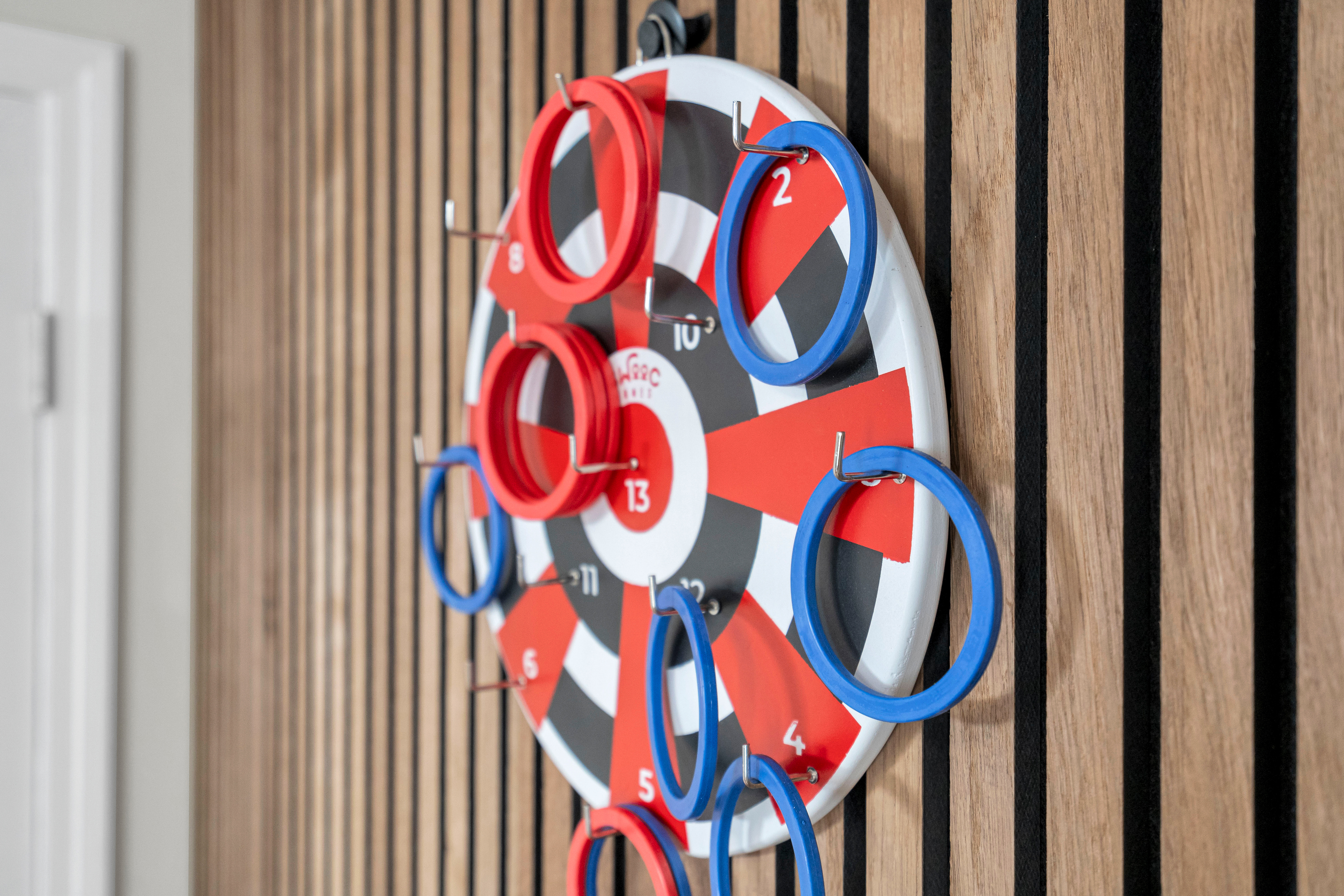 Unique wall-mounted target game for hours of fun.